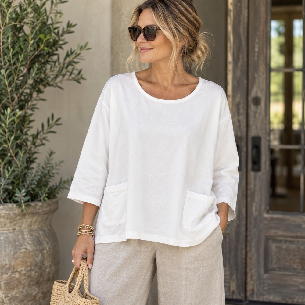 Bryn Walker White Cotton Pocket Tunic Top XL Made in USA 3/4 Sleeve Lagenlook